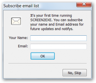 Okno pro registraci SCREEN2EXE.