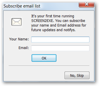 Okno pro registraci SCREEN2EXE.