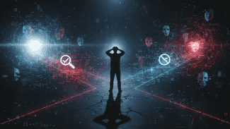 Dramatická ilustrace člověka uprostřed digitálního chaosu – kolem něj se vznášejí deepfake tváře, falešné identity, phishingové zprávy a manipulativní AI rozhraní. Jedna cesta vede ke světlu (ověřování, pravda), druhá se rozplývá v zkreslení a dezinformacích. Tmavá atmosféra s neonovými červenými a modrými akcenty. Vizuální metafora pro kybernetické hrozby roku 2026.