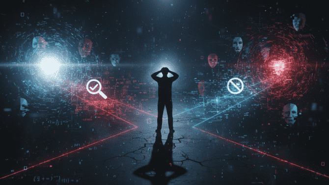 Dramatická ilustrace člověka uprostřed digitálního chaosu – kolem něj se vznášejí deepfake tváře, falešné identity, phishingové zprávy a manipulativní AI rozhraní. Jedna cesta vede ke světlu (ověřování, pravda), druhá se rozplývá v zkreslení a dezinformacích. Tmavá atmosféra s neonovými červenými a modrými akcenty. Vizuální metafora pro kybernetické hrozby roku 2026.