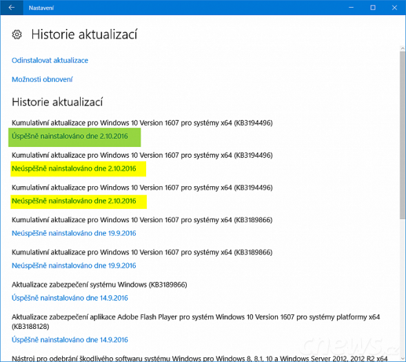 Aktualizace se nemusí nainstalovat hned napoprvé