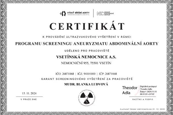 Certifikát nutný pro preventivní ultrazvukové vyšetření aorty