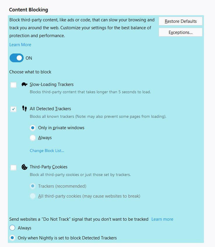 Firefox proti sledování 2