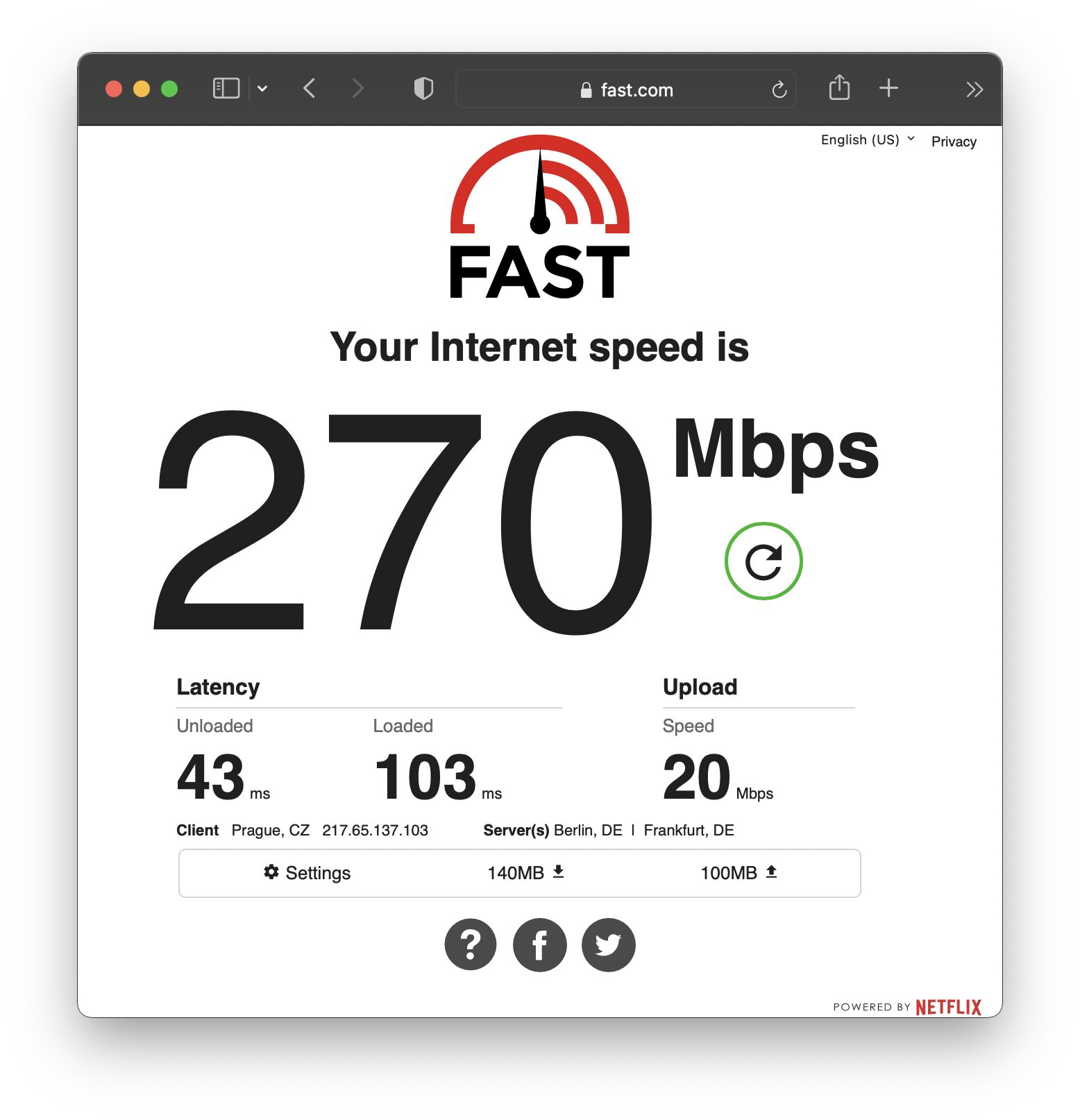 Jedna z naměřených rychlostí Starlinku v Česku