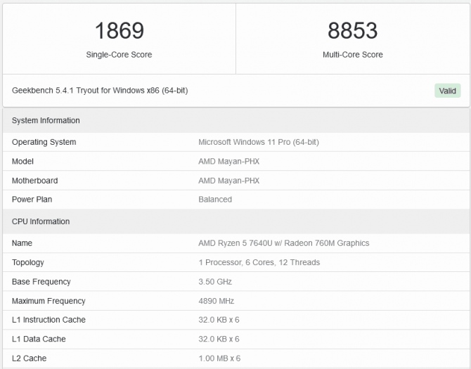 AMD Ryzen 5 7640U na platformě Mayan PHX Geekbench Browser