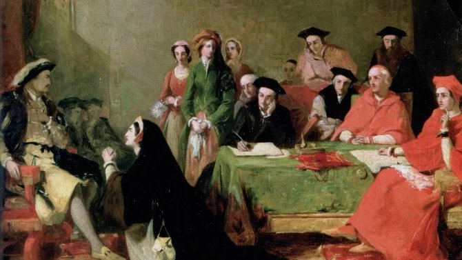 Kateřina Aragonská hájí svůj případ proti rozvodu s Jindřichem VIII, autorem obrazu je Henry Nelson O'Neil