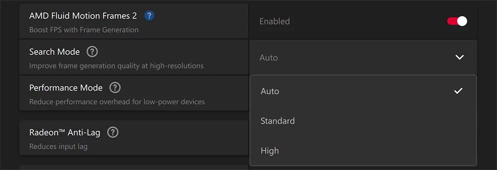 Nastavení AMD Fluid Motion Frames 2