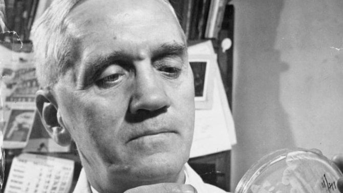Alexander Fleming při práci ve své laboratoři
