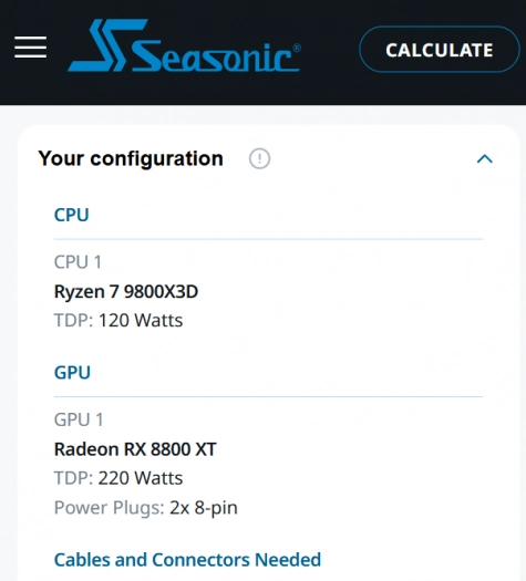 Radeon RX 8800 XT v kalkulátoru výkonu zdroje od Seasonicu