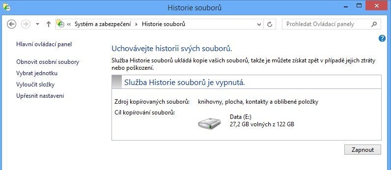 Pokud chcete využívat funkci Historie souborů, musíte mít v počítači kromě disku s operačním systémem další pevný disk