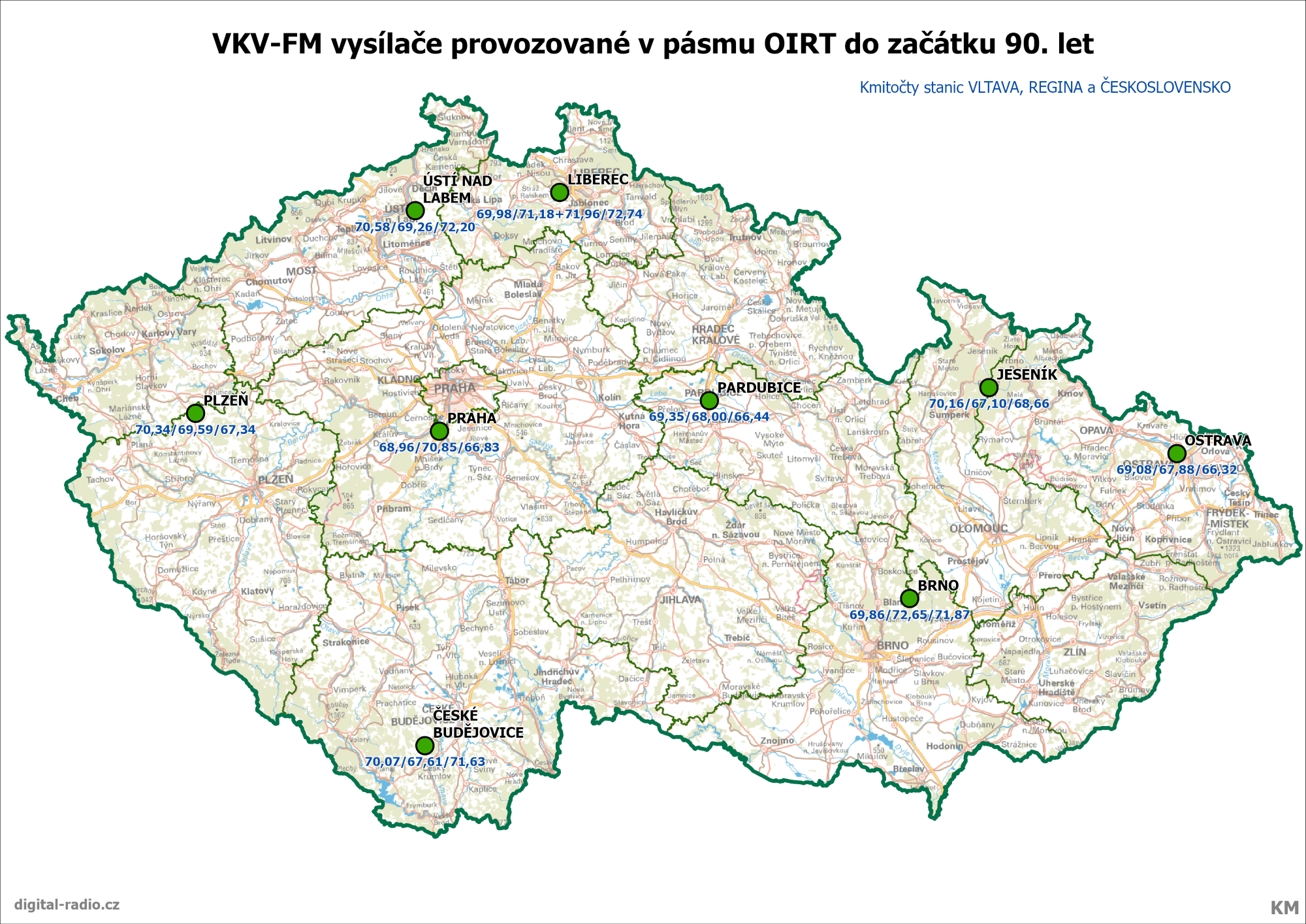 Vysílače a kmitočty rozhlasových sítí v pásmu VKV I
