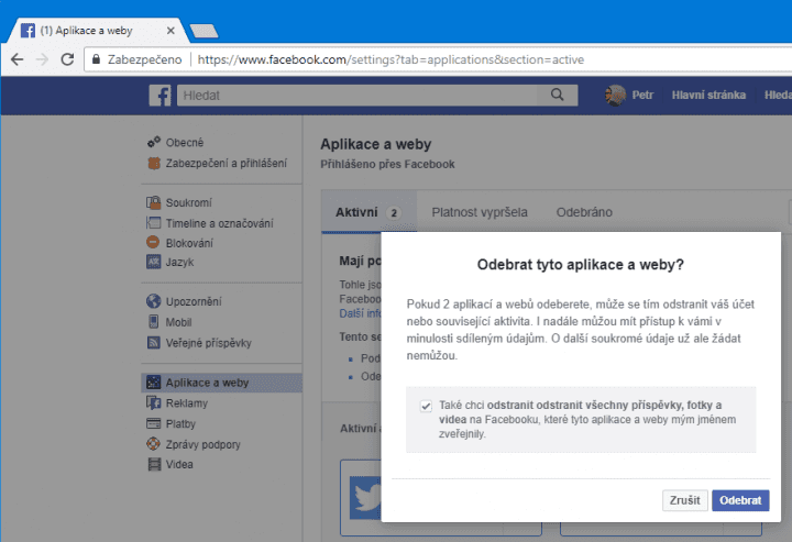 Odebrání potvrďte. Zde můžete také určit, aby byly odstraněny příspěvky, které případně odebírané aplikace vytvořily na vašem Facebooku