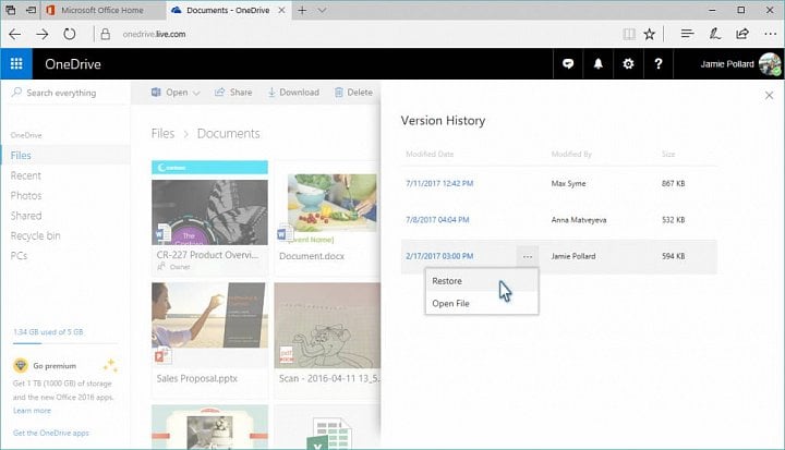 OneDrive zatím umožní obnovu starších verzí souborů jen přes webové rozhraní