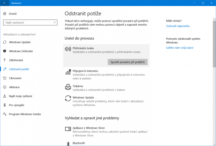 Windows 10 Creators Update nabízí centrální uzel pro řešení potíží