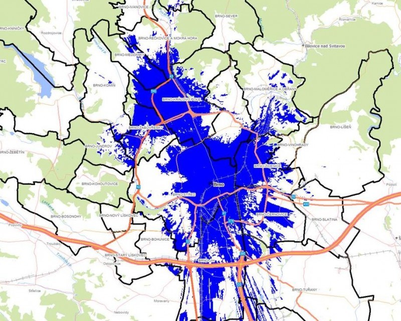 Pokrytí Brna sítí LTE od O2 (stav k 31. říjnu 2013)