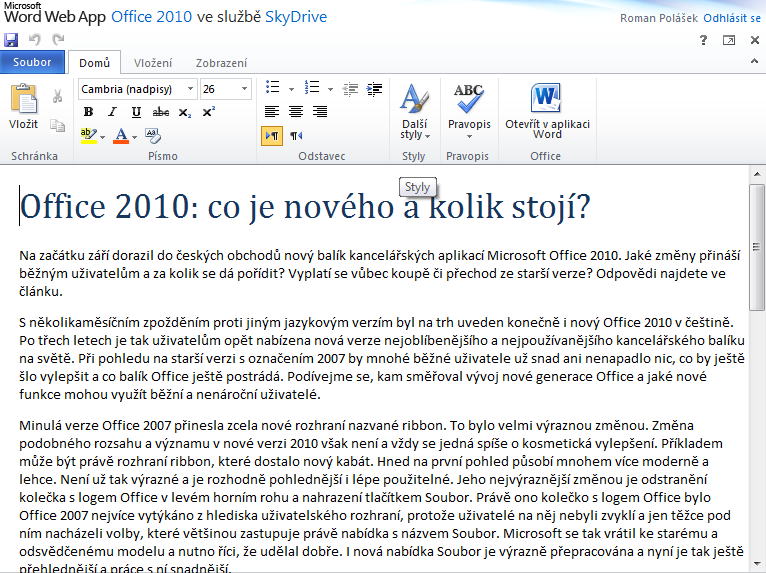<p>Ukázka práce v Office Web Apps</p>