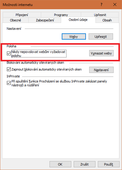 Nastavení zjišťování polohy v Internet Exploreru