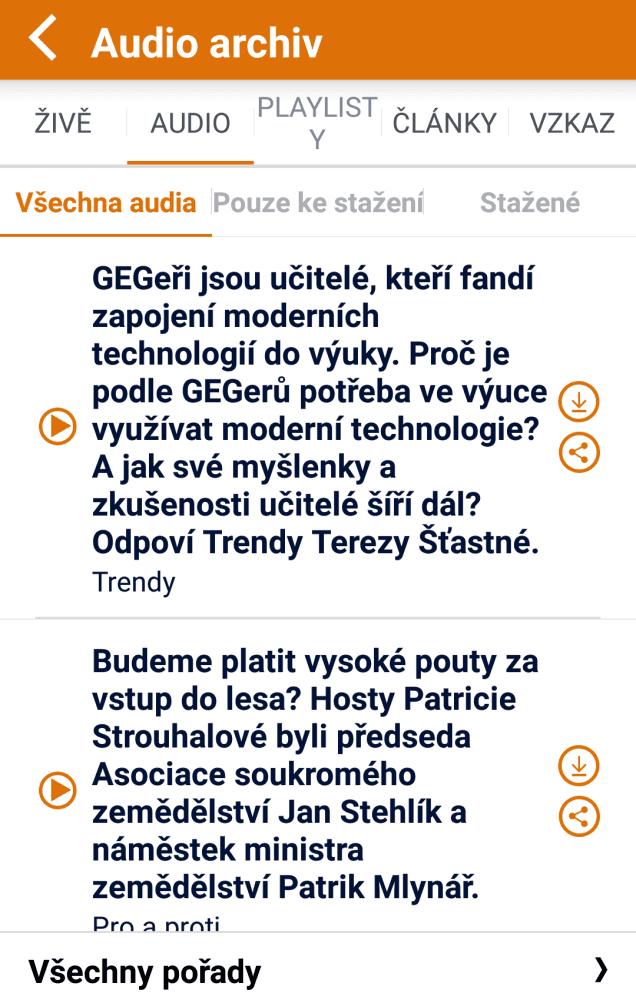 Volba Audio (následující Playlisty tu nejsou k dispozici).