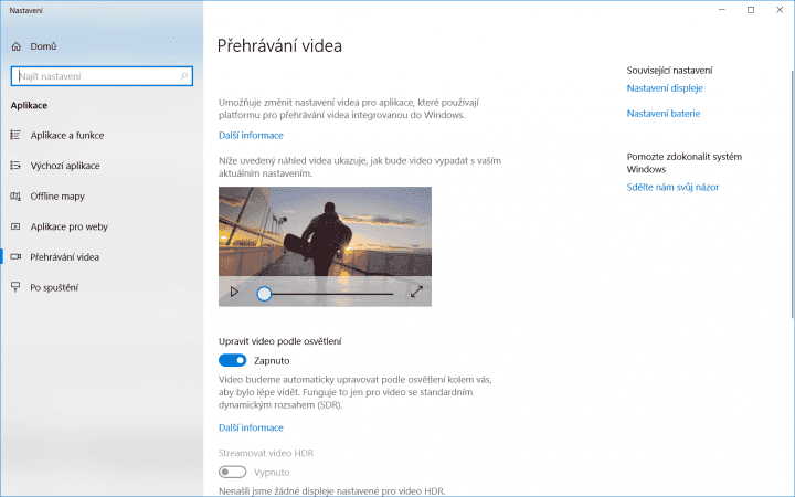 Windows chce automaticky zajistit nejlepší možné zobrazení obsahu s HDR