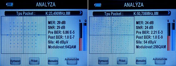 Analýze signálů v pásmu do 858MHz. Vlevo K23 v DVB-T, vpravo K50 kde probíhá pražské zkušební vysílání v DVB-T2. Výborné je současné zobrazení barragrafů a BER (měření BER je u tohoto modelu daleko přesnější, než u jeho předchůdce). Přístroj reaguje velice rychle na změny příjmu.