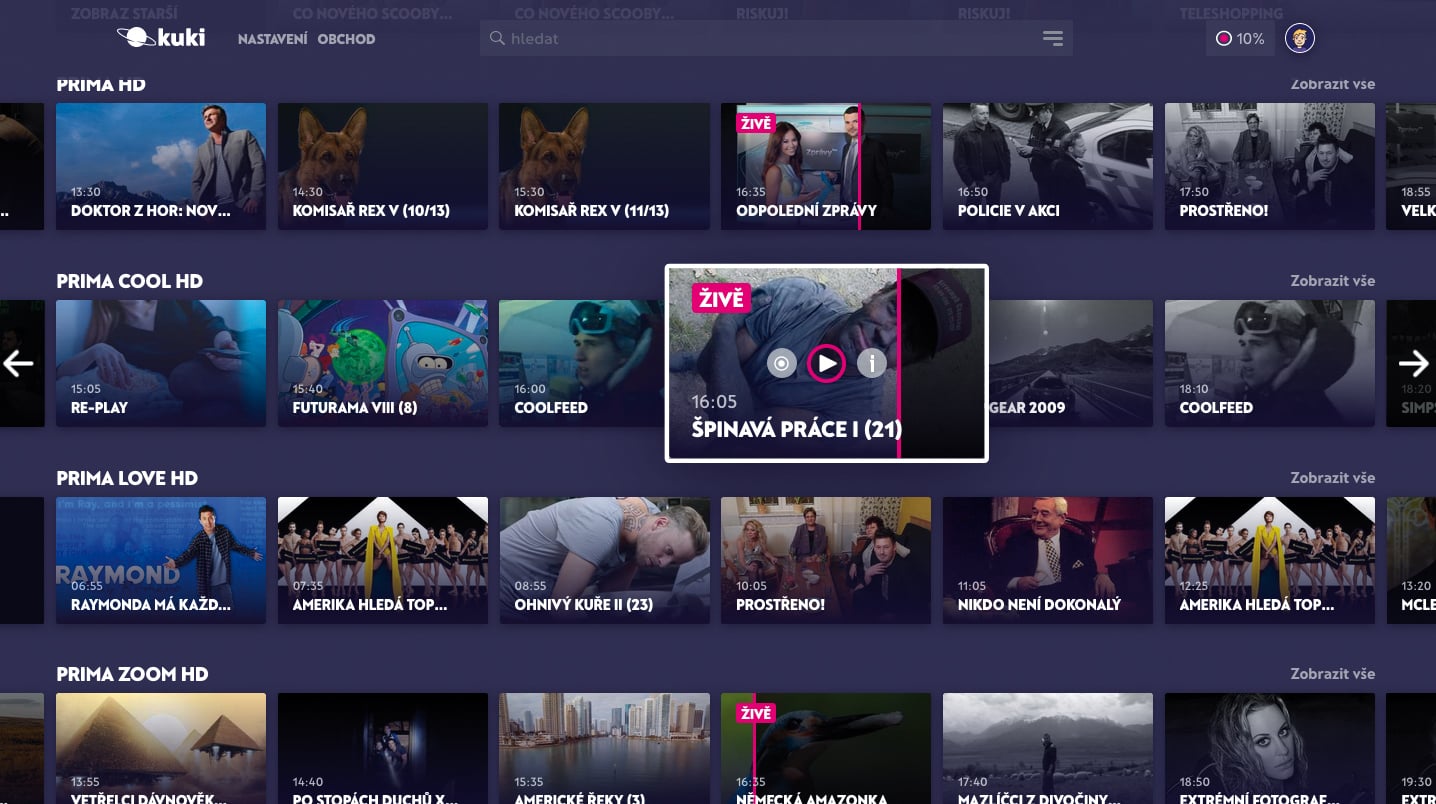 Menu s televizními kanály