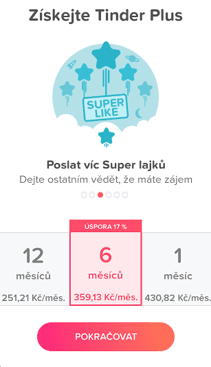 Cena za službu Tinder Plus.