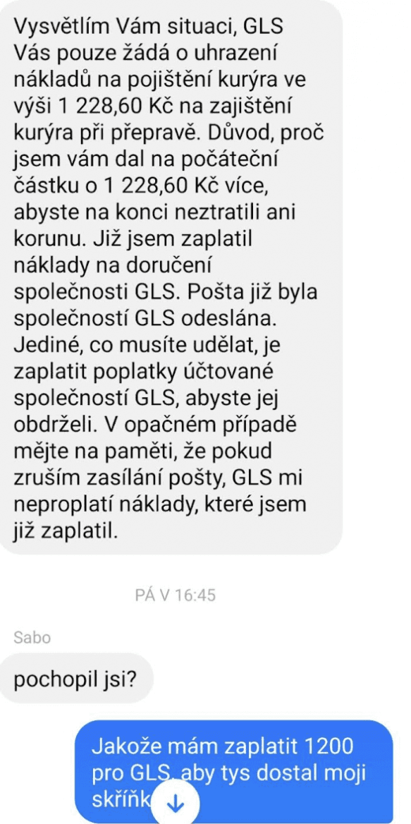 Komunikace s internetovým podvodníkem při prodeji zboží v bazaru