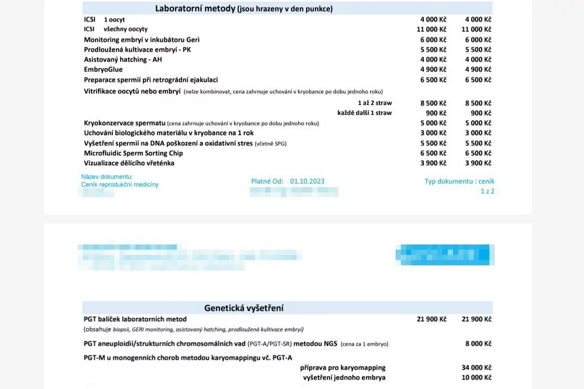 Příklady ceníku českých reprodukčních klinik