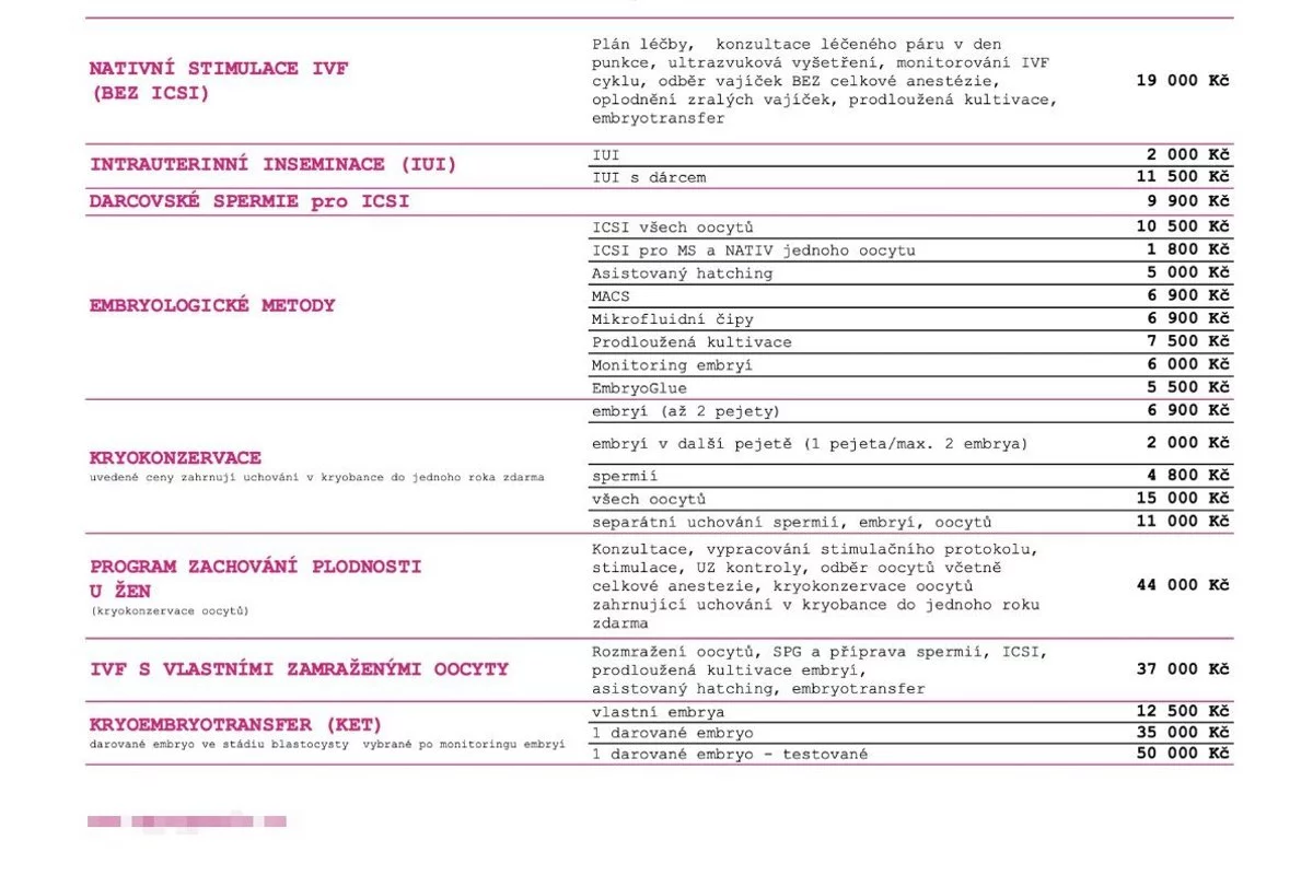 Příklady ceníku českých reprodukčních klinik