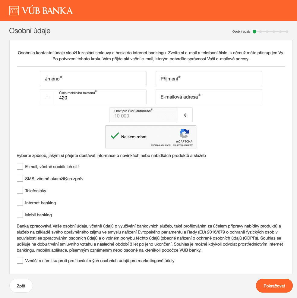 Proces založení finančního produktu "Spořicí účet bez limitů" od Všeobecné úverové banky (15. 11. 2022)