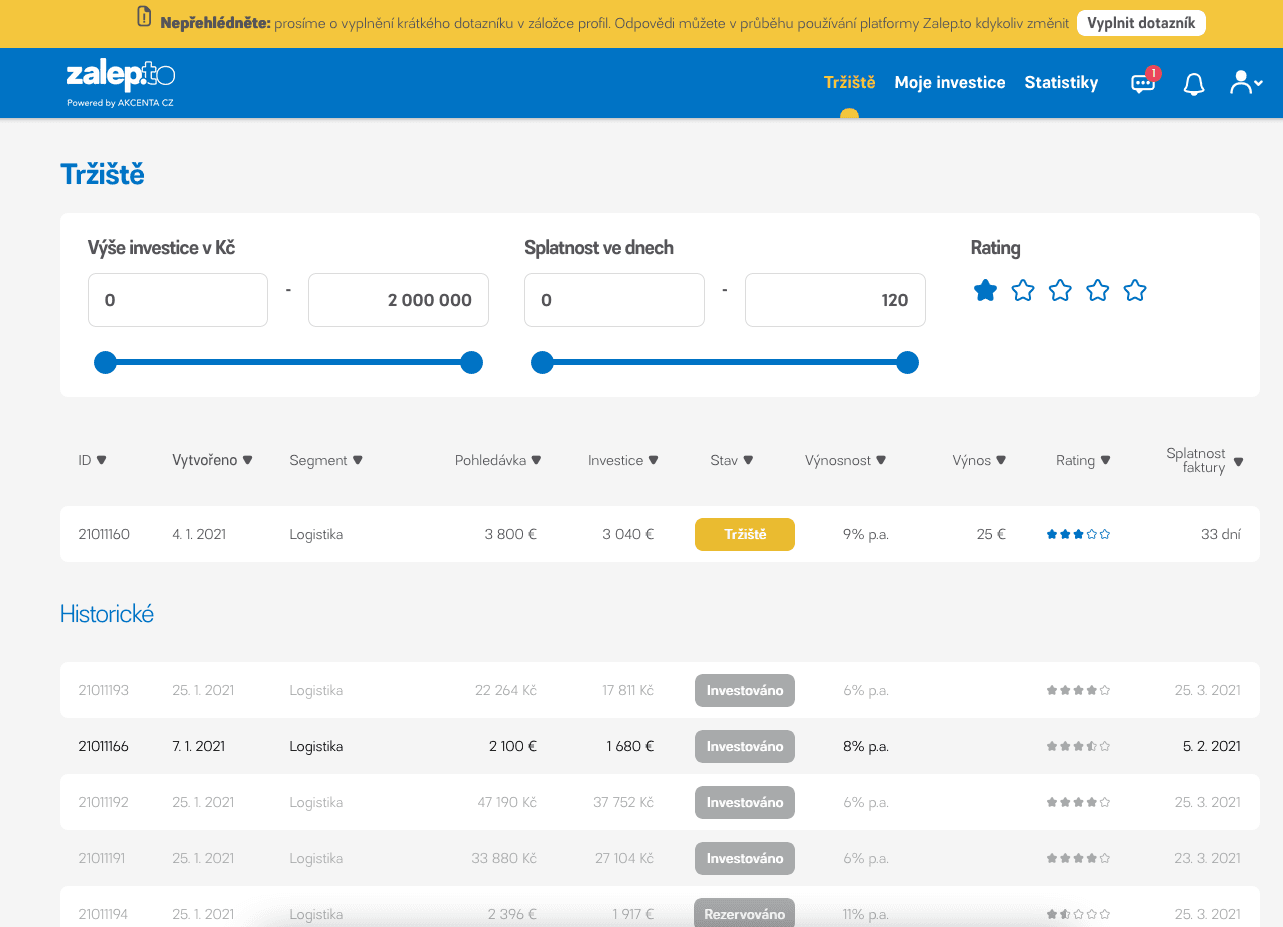 Registrace do portálu Zalep.to, investování přes faktury. (01/2021)