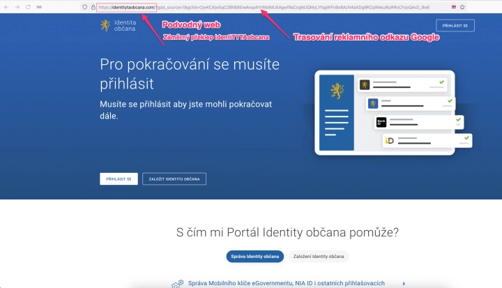 Podvodné webové stránky mířící na zájemce o službu Identita občana. (23. 08. 2024)