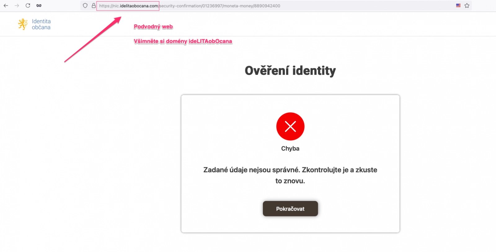 Podvodné webové stránky mířící na zájemce o službu Identita občana. (23. 08. 2024)