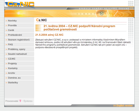 Web správce české národní domény CZ.NIC tak, jak vypadal letech 2004 až 2006.