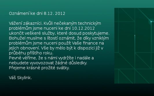 Textová informace, která se v sobotu objevila v horní části webu satelitní služby Skylink.