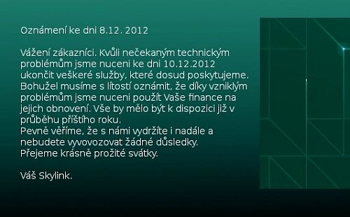 Textová informace, která se v sobotu objevila v horní části webu satelitní služby Skylink.