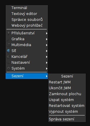 Arch:  zamčení obrazovky, správa sezení, ikony v hlavním menu