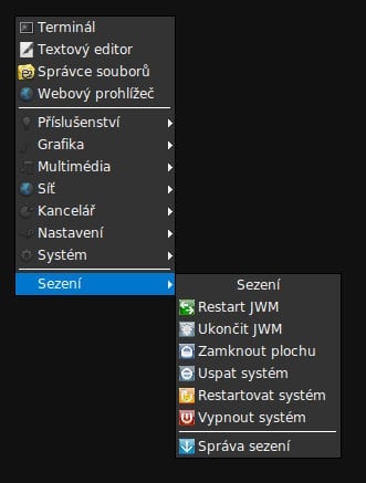 Arch:  zamčení obrazovky, správa sezení, ikony v hlavním menu