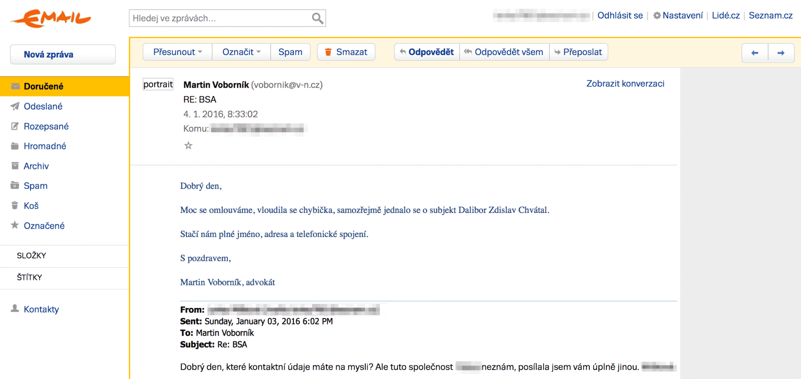Právník opravuje, že jde o jinou společnost a že se spletl.