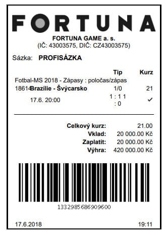 Sázkařské umění se skrývá i za tímto tiketem, kdy přesně trefený dvojtip (v poločase vedení Brazílie, na konci zápasu remíza) z utkání Brazílie–Švýcarsko udělal z 20 tisíc jedenadvacetkrát tolik.