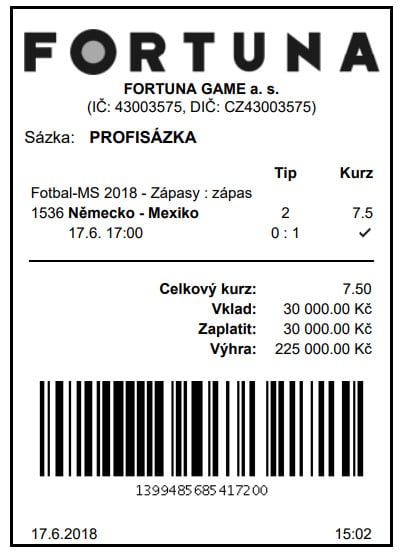 A z nejvyšší sázkařské ligy je i tento počin. Celkem šestkrát podaný tiket s celkovým vkladem 180 tisíc na prohru Německa s Mexikem znamenal celkovou výhru 1 350 000 korun. Jak se takový tiket urodí? „Jde o sázkovou strategii, kdy většina klasických sázkařů preferuje tip na favorita a kurs na něj stlačí dolů, čímž stoupne kurs na druhý tým. Ten pak nemusí odpovídat reálné pravděpodobnosti, že se překvapivý výsledek stane. Z toho se pak pro sázkaře stává zajímavá příležitost na vyšší zhodnocení vkladu. Tito sázkaři jsou většinou pečliví, sledují nabídku podrobně, hledají kurs, který podle jejich názoru neodpovídá pravděpodobnosti, a toho se snaží využít,“ odpovídá Petr Šrain, mluvčí Fortuny.