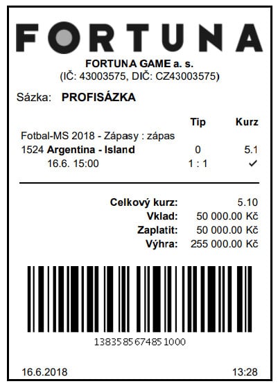 Pro jednoho mrzutost, pro druhého štěstí. Tento sázkař byl za Messiho neproměněnou penaltu naopak velmi vděčný. Za remízu bral celkem 1,025 milionu korun čistého. Vsadil totiž pět stejných tiketů za 50 tisíc v kursu 5,1:1. A proč nevsadil najednou celých 250 tisíc? Zřejmě se obával, že by Fortuna jeho sázku při tak vysokém kurzu nepřijala.