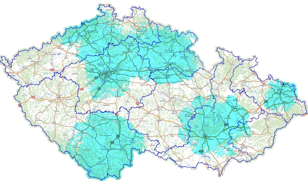 Orientační pokrytí DAB+ sítě Play.cz (červen 2025)