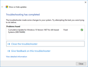 Nástroj pro řešení potíží s aktualizacemi ve Windows 10, dokončení operace