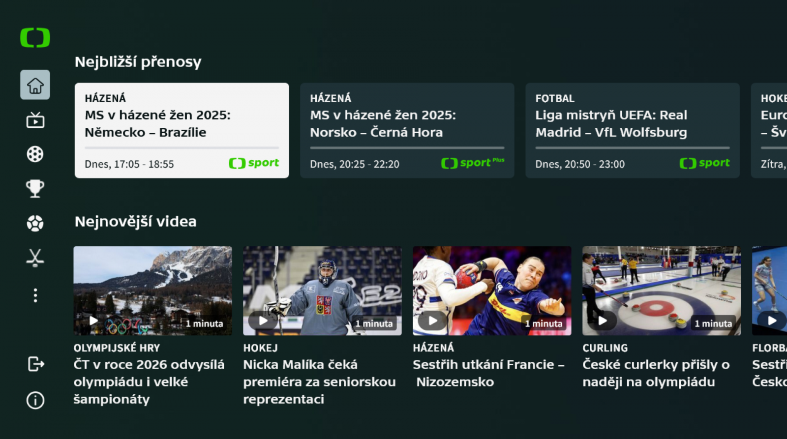 HbbTV aplikace ČT sport v novém designu (2025)