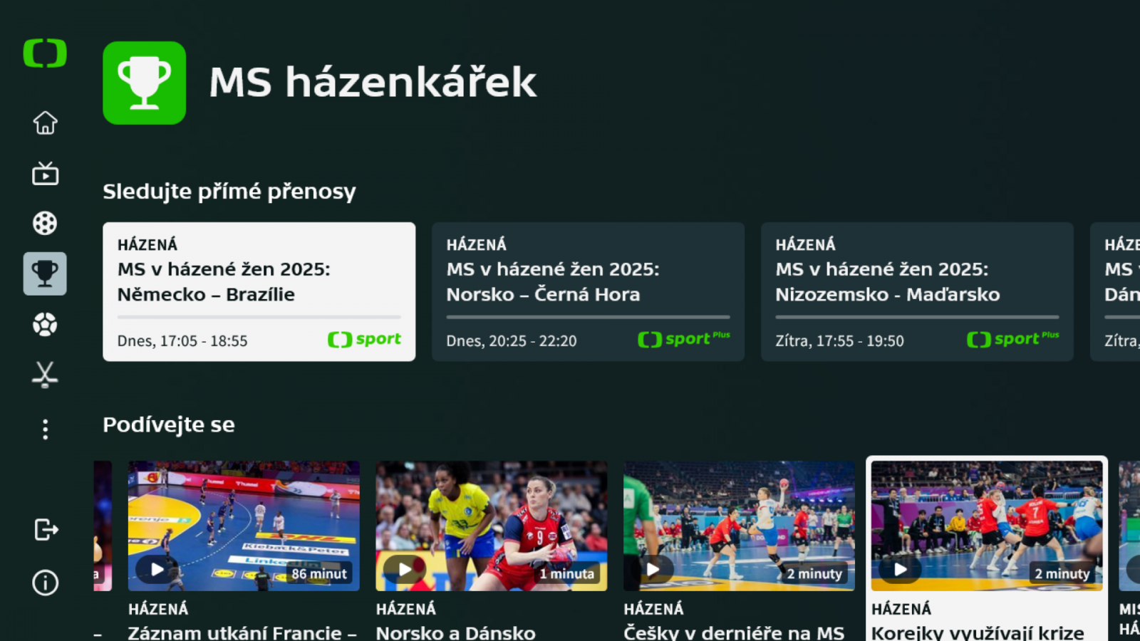 HbbTV aplikace ČT sport v novém designu (2025)