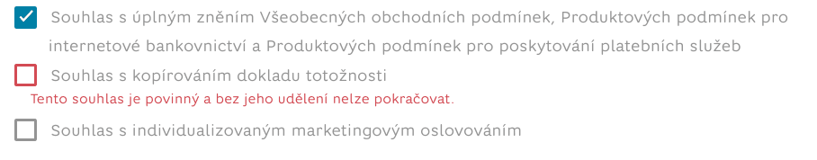 Povinný souhlas, bez něhož nelze pokračovat.