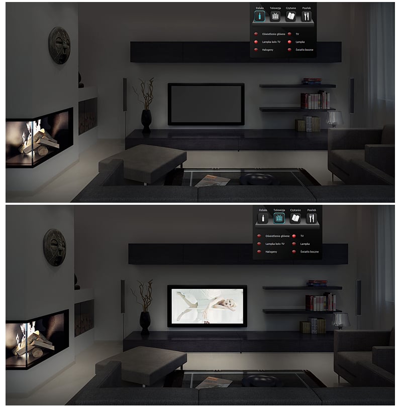 Ukázkový pokoj – nastavení Relax (nahoře) a Televize (dole)