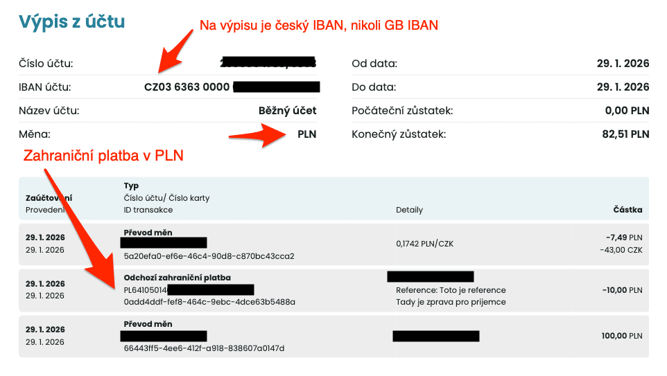Zahraniční platba z měnové složky PLN na polský účet v ING Bank Slaski. Na výpisu z účtu však není britský IBAN, nýbrž váš český IBAN, přestože v aplikaci vidíte britský (29. 1. 2026)