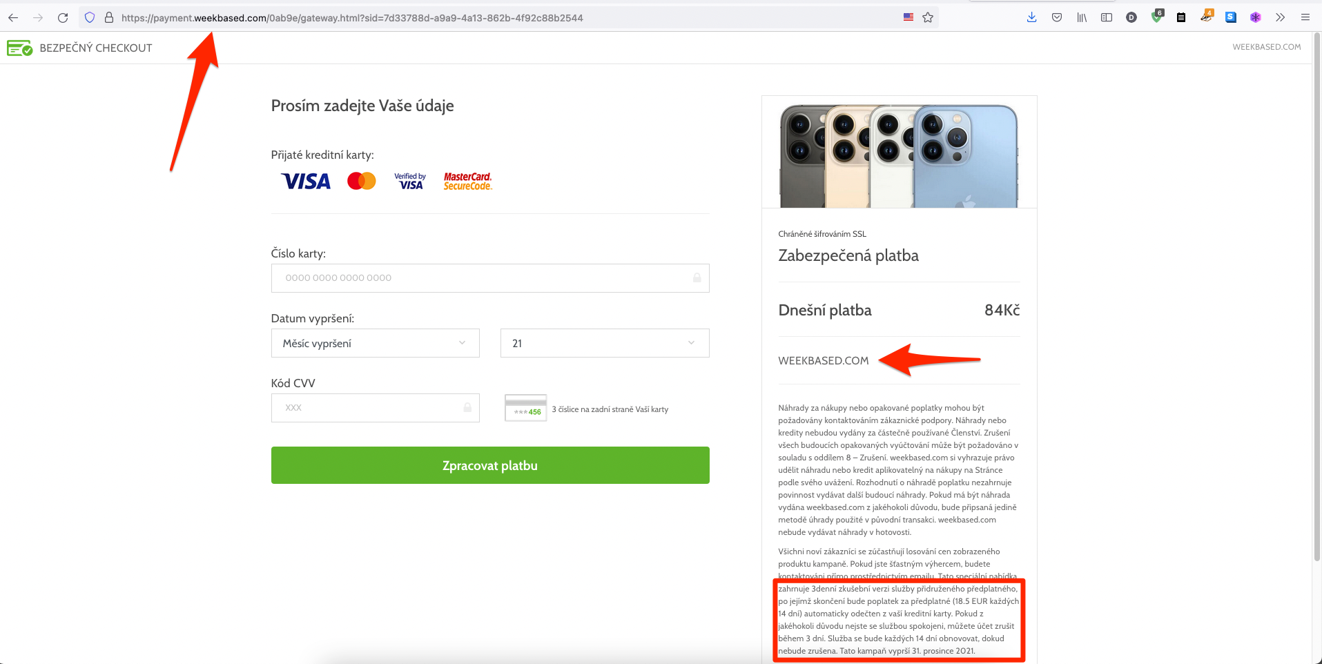 Co telefon, to odlišná doména. Pro iPhone to byla weekbased.com. Podmínky drobným písmem vpravo dole v boxu. (17. 11. 2021) 
